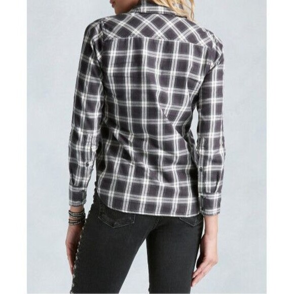 New Womens Designer True Religion XS Plaid Top Logo Black Gray White NWT Long LS